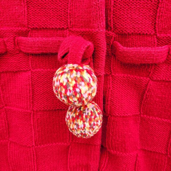 Gymboree Girl's Red Basketweave Button Front Sweater Holiday Pom Poms sz Small - Picture 9 of 10